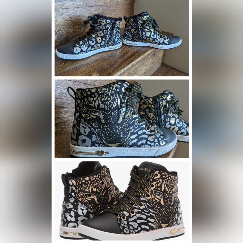 Skechers Unisex-Child Hi Top Sneaker black gold Leopard Size 2